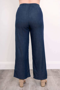 Back view of Parker wide leg tencel pants showing the wide elastic waistband
