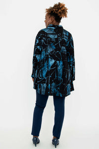 Back view of Peruva flowy top with blue abstract print