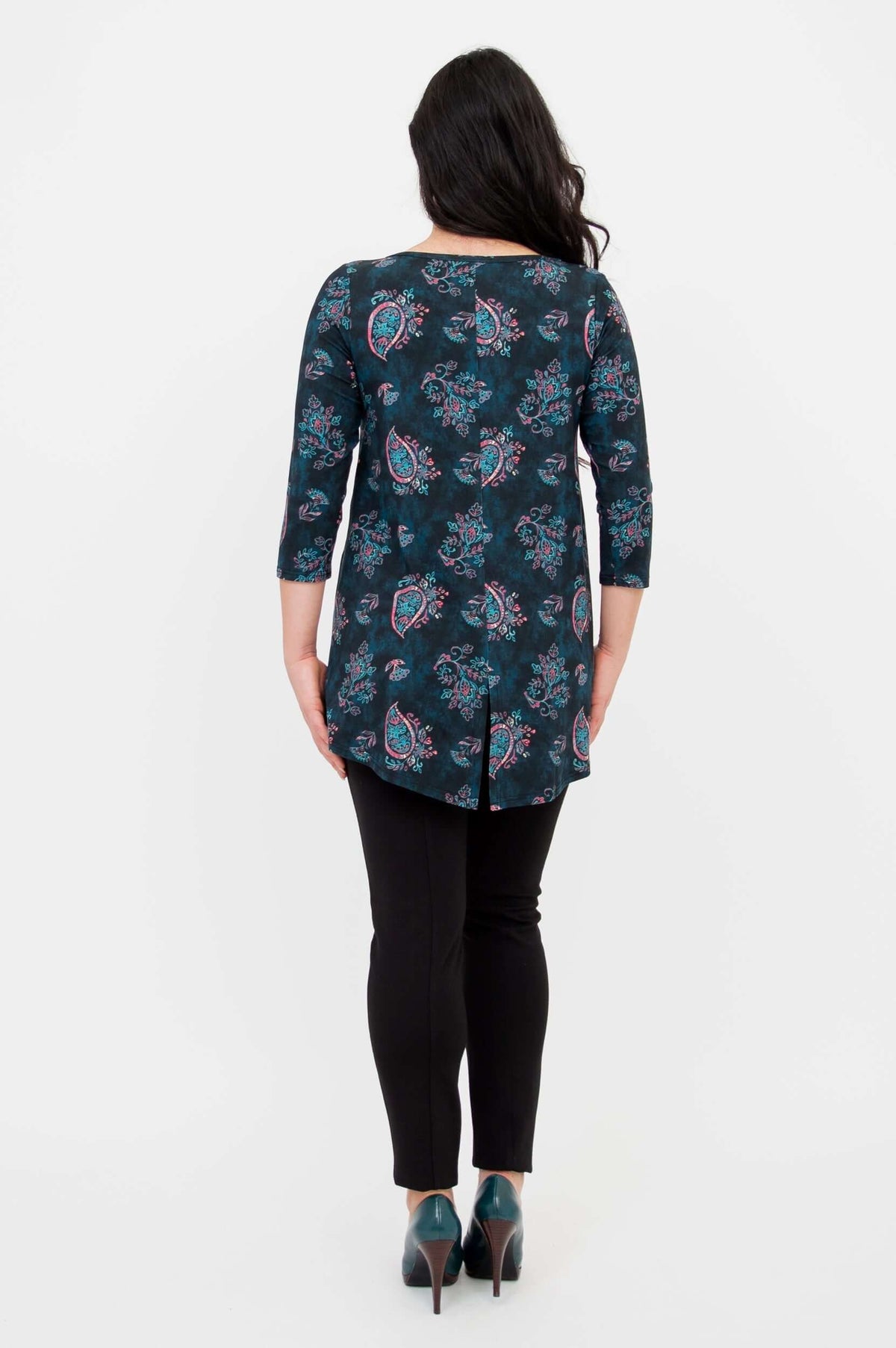 Back view of Peyton Top in teal paisley print with center back vent detail