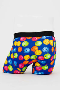 Rear view of men's boxer briefs in blue with multicolored pickleball pattern