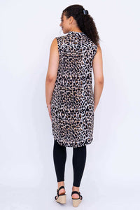 Back view of model in sleeveless leopard print tunic with rounded high-low hem