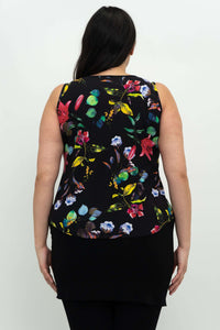 Back view of woman in black floral tank top showing fluid hemline