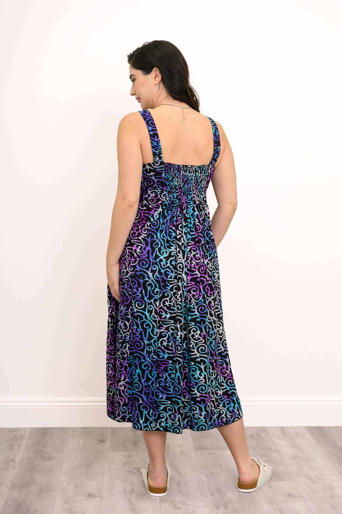 Back view of the Shauna dress showing shirred bodice and wide straps