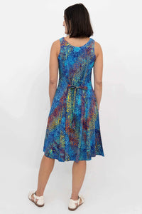 Back view of a multicolor A-line dress showing tie belt detail