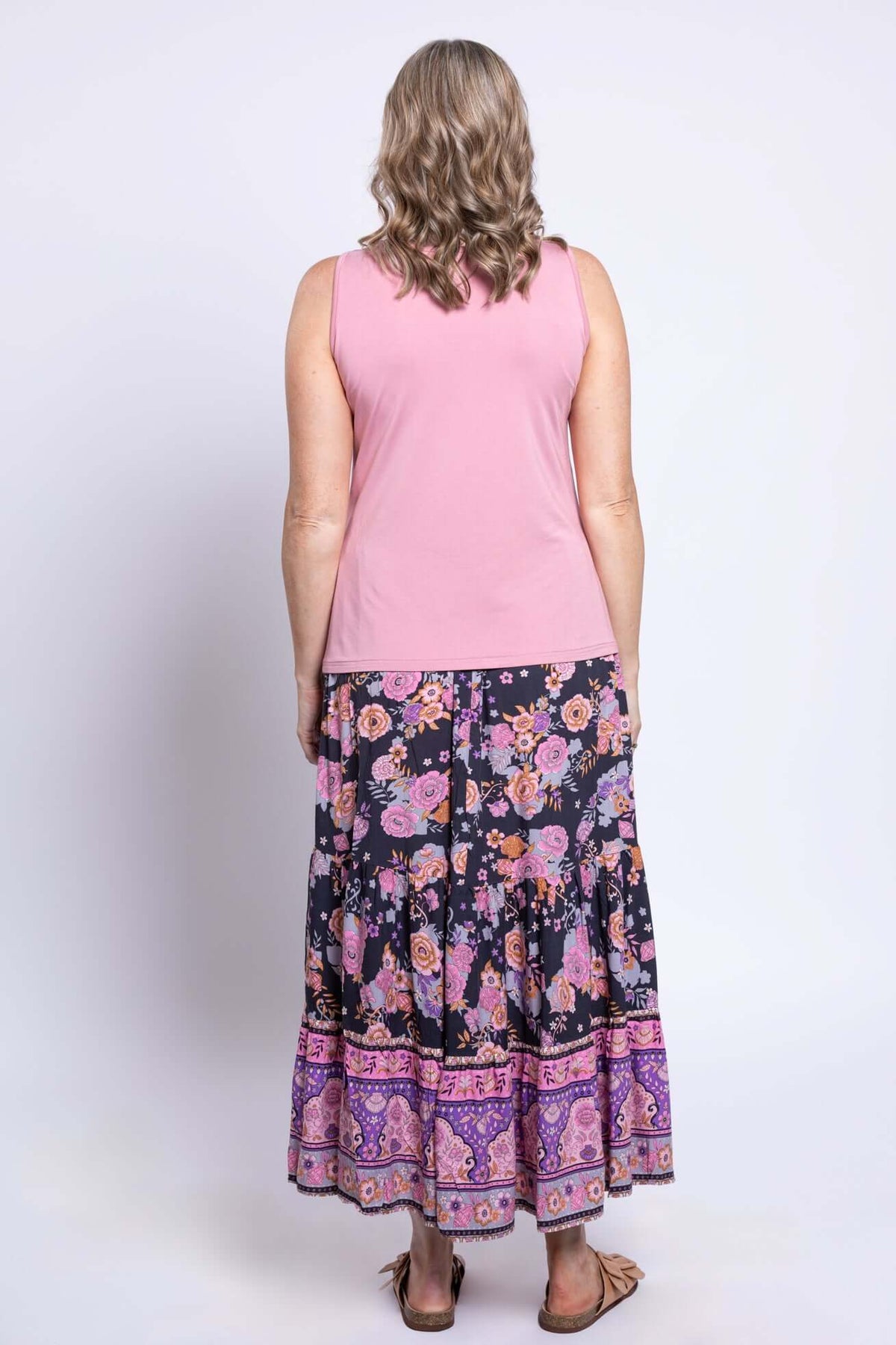 Back view of Tibby floral maxi skirt showing full floral pattern and length