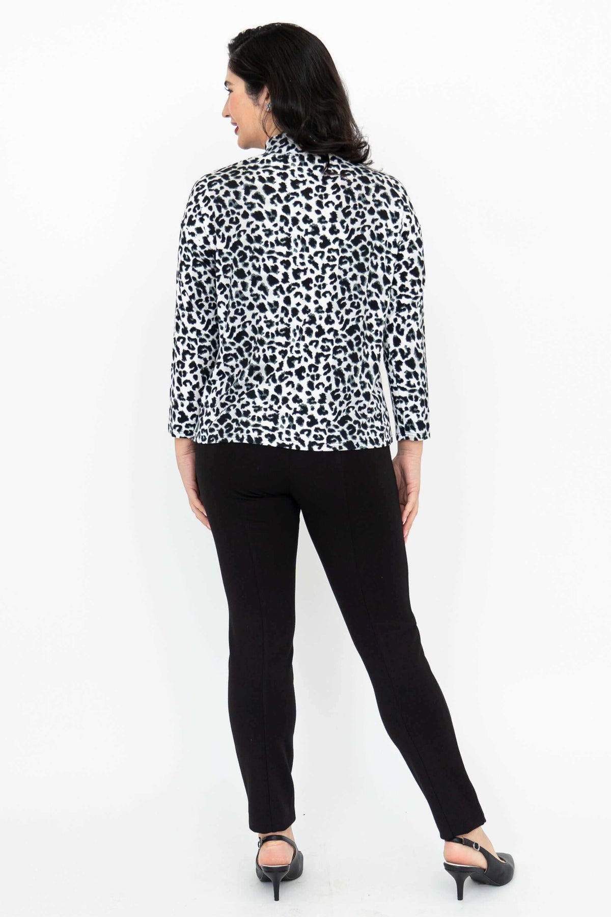 Back view of model wearing animal print Highdrop Top with mock neck