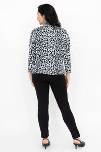 Back view of model wearing animal print Highdrop Top with mock neck