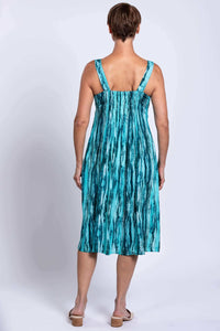 Back view of sleeveless aqua streak dress, showing shirred bodice and comfortable fit