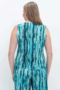 Back view of cropped tank with aqua and teal striped pattern