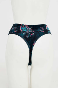 Back view of bamboo high rise thong underwear with floral print on mannequin