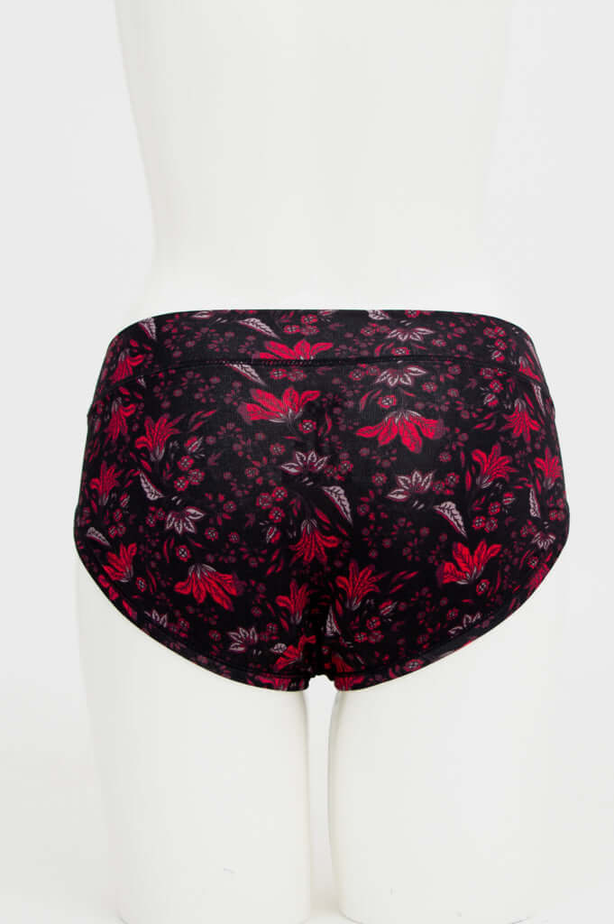 Back view of bamboo hipster brief in midnight floral print on mannequin