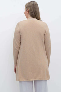 Back view of woman wearing beige Justine open cardigan sweater