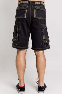 Back view of black cargo shorts highlighting rear pockets and belt loops