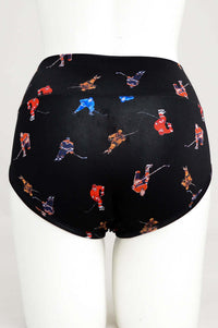 Back view of black high-waist brief with hockey player print on mannequin