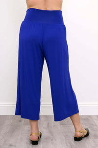 Back view of blue cropped palazzo capri pants with wide waistband