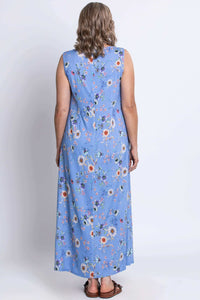 Back view of the blue floral shift maxi dress on a woman