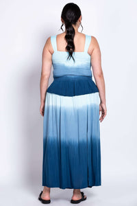 Back view of blue ombre maxi dress showing elastic detail