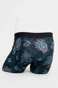 Back view of blue paisley bamboo boxer briefs highlighting fabric and fit