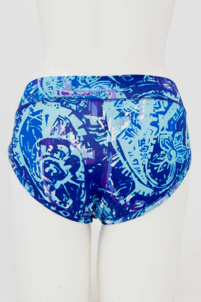 Back view of blue print hipster underwear showing coverage on mannequin