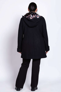 Back view showing hood and floral satin lining of boiled wool car coat