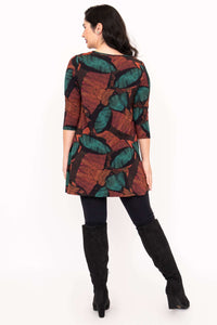 Back view of tunic top with green and rust leaf pattern