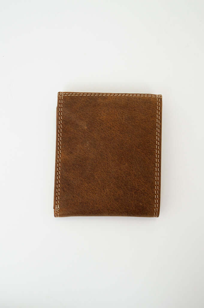 Back view of a closed brown leather wallet with visible stitching