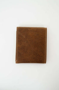 Back view of a closed brown leather wallet with visible stitching