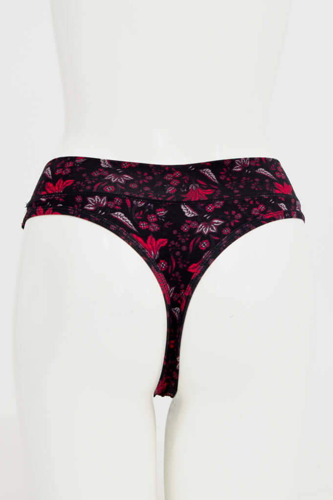 Back view of a floral print thong underwear on mannequin