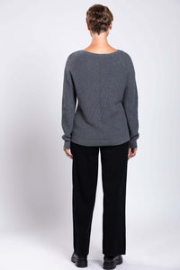 Back view of gray shaker stitch sweater displaying center seam detail