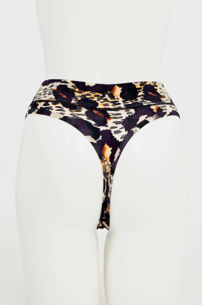 Back view of high rise bamboo thong with thong design and leopard print