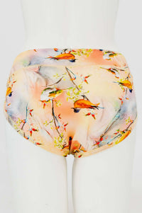 Back view of hipster bamboo underwear adorned with vibrant songbird pattern
