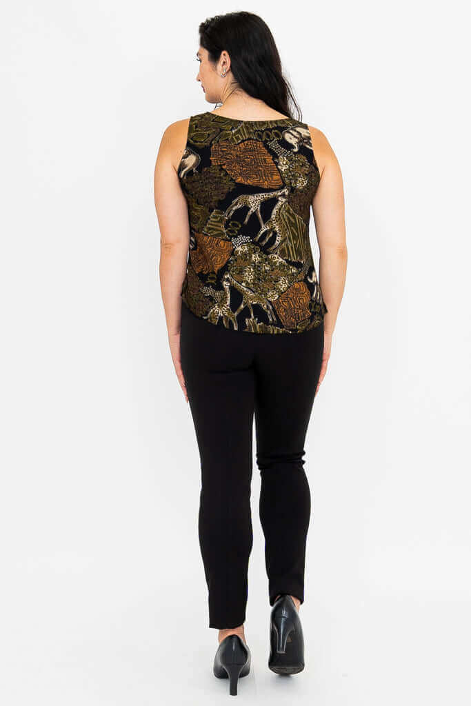 Back view of model in safari-themed tank top and black pants