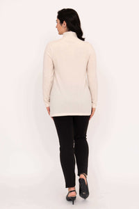 Back view of model wearing cream Simmon Sweater