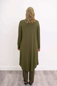 Back view of model wearing olive green long high-low duster cardigan