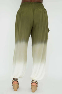 Back view of olive ombre wide-leg pants with gathered detail and comfortable waistband