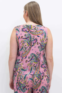 Back view of a woman showcasing the pink paisley cropped tank top