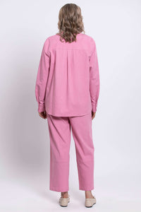 Back view of pink linen-blend shirt with pleat detail