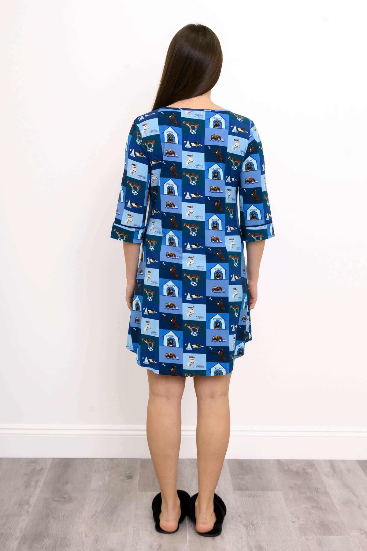 Back view of blue bamboo sleepshirt with fun doghouse and puppy pattern
