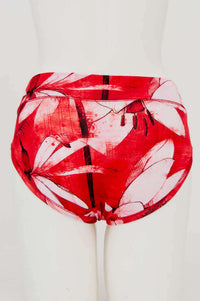 Back view of red abstract print bamboo hipster briefs on mannequin