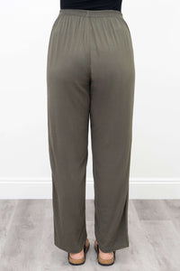 Rear view of olive green linen-bamboo trousers with elastic waist