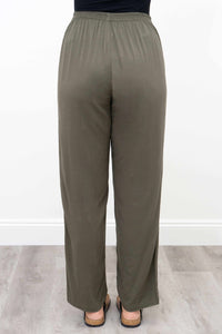 Back view of relaxed fit olive bamboo linen trousers