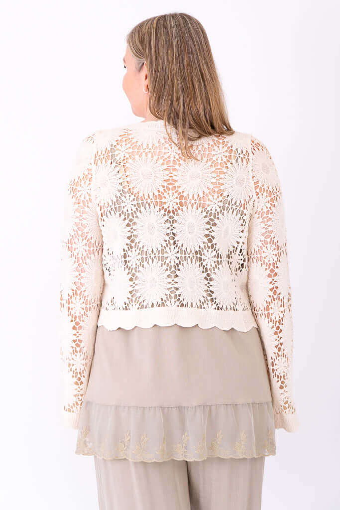 Back view of woman showing scalloped hem and crochet floral pattern of cream cardigan