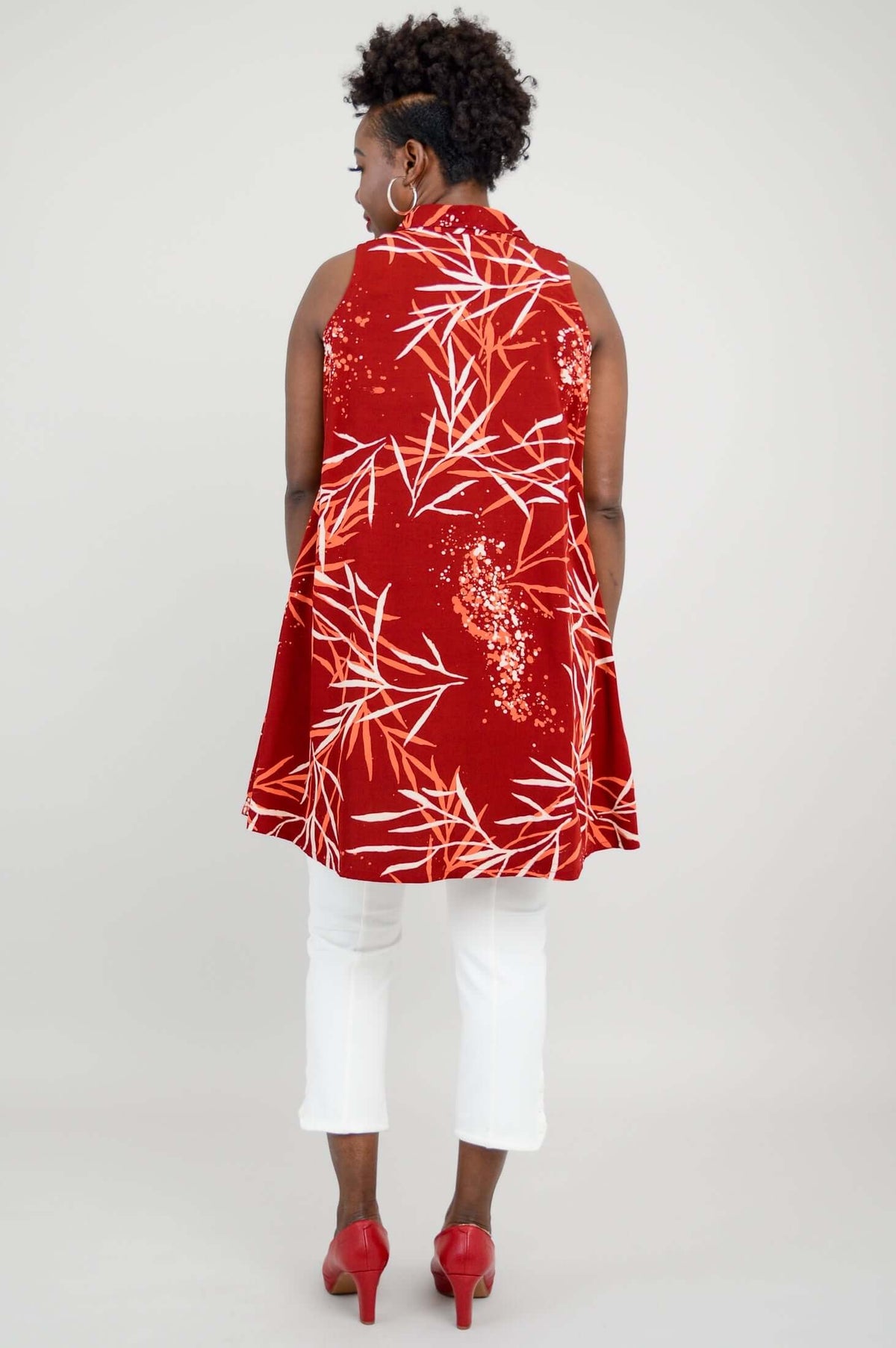 Back view of woman wearing sleeveless ruby bamboo print A-line tank