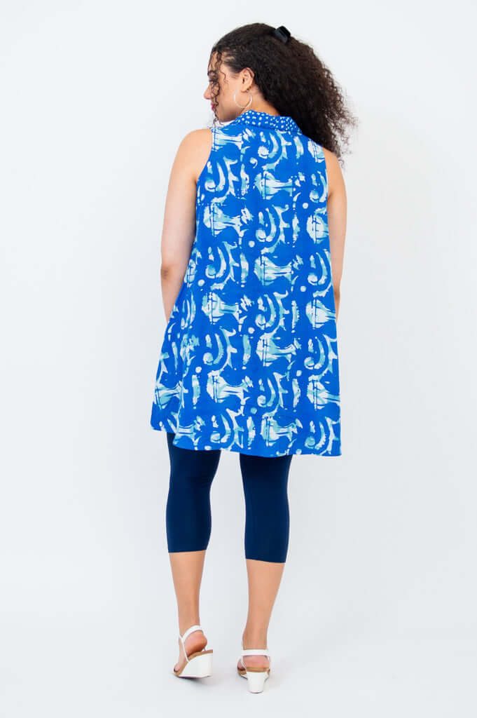 Back view of model wearing blue swing Cissy Tank top
