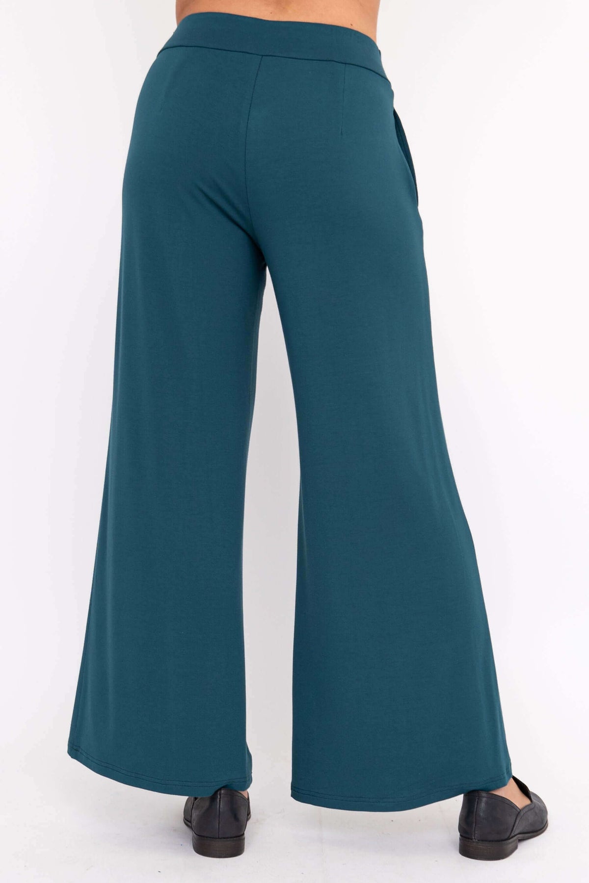 Back view of teal wide leg bamboo pants