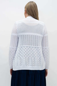 Back view of a white pointelle knit open cardigan showcasing textured knit patterns