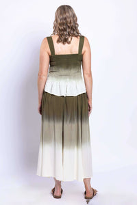 Back view of woman in olive ombre maxi skirt with elastic waistband
