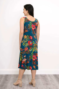 Back view of a woman in a teal floral midi dress with scoop neckline