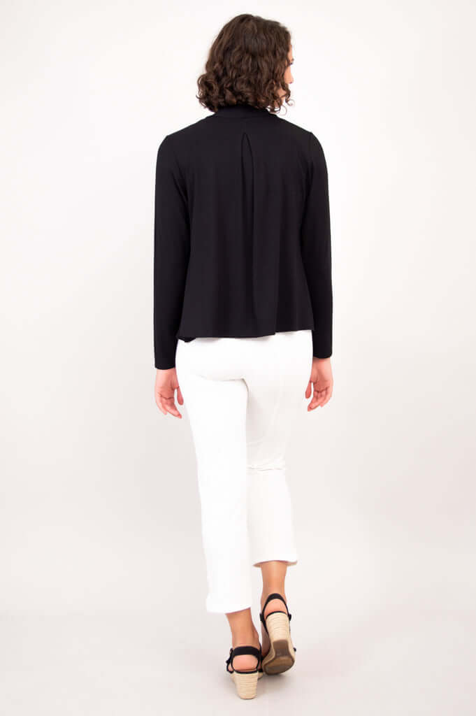 Back view showing pleated detail of black bamboo cardigan