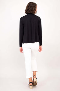 Back view showing pleated detail of black bamboo cardigan